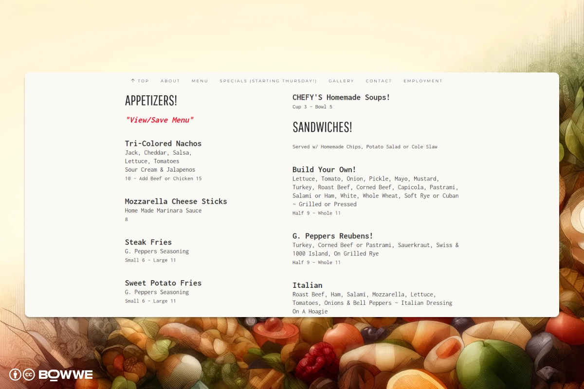 Capture d'écran du menu du restaurant - G.Peppers