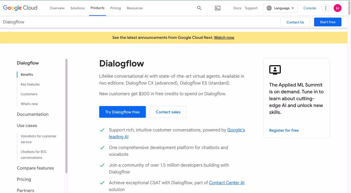 main website of dialogflow
