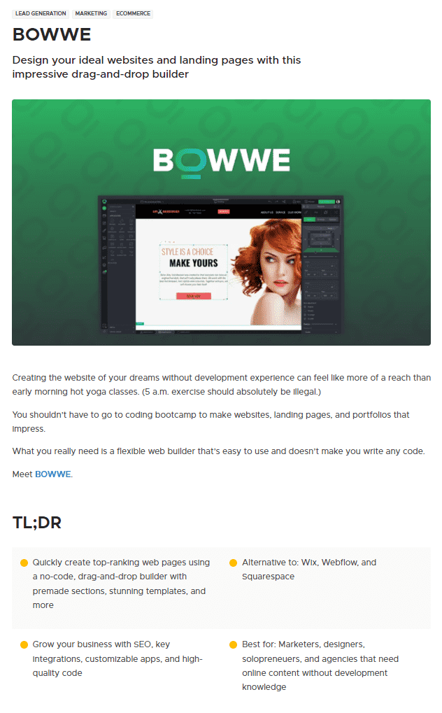 Screenshot strony BOWWE na Appsumo