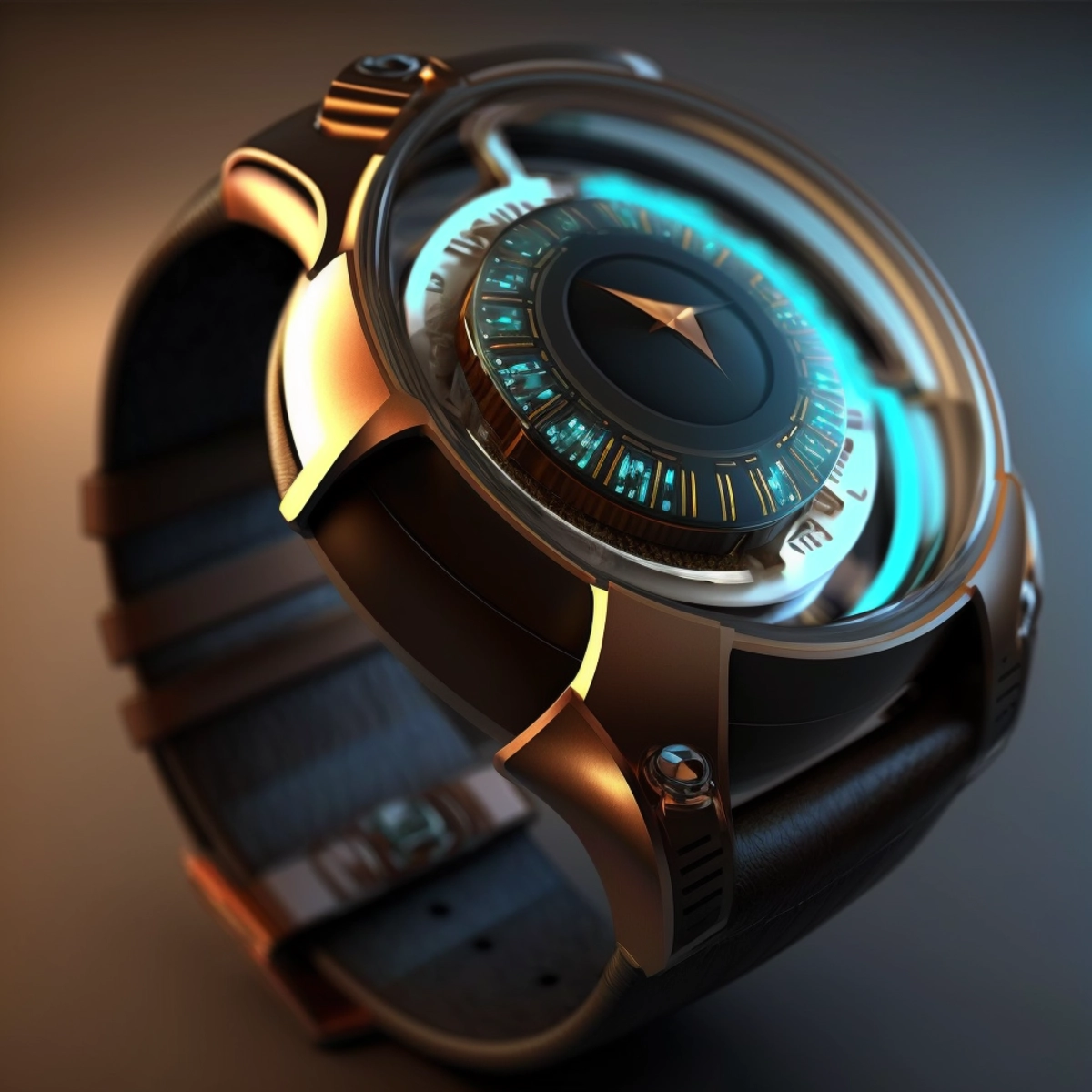 Un concept design futuristico di uno smartwatch con display olografico, che fonde eleganza e tecnologia all'avanguardia