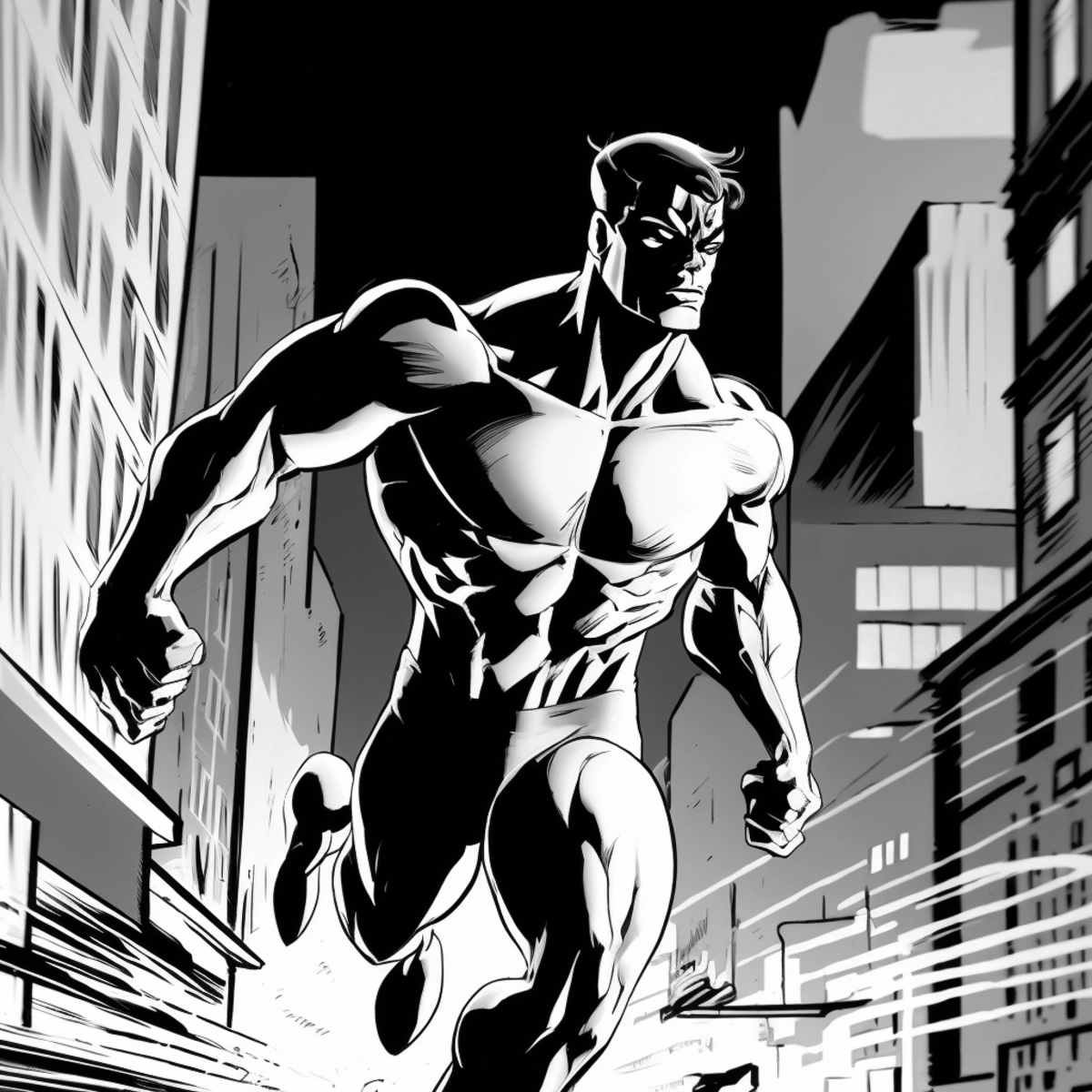 Eine dynamische Illustration im Comic-Stil eines Superhelden, der in Aktion tritt, mit einer Stadtlandschaft im Hintergrund