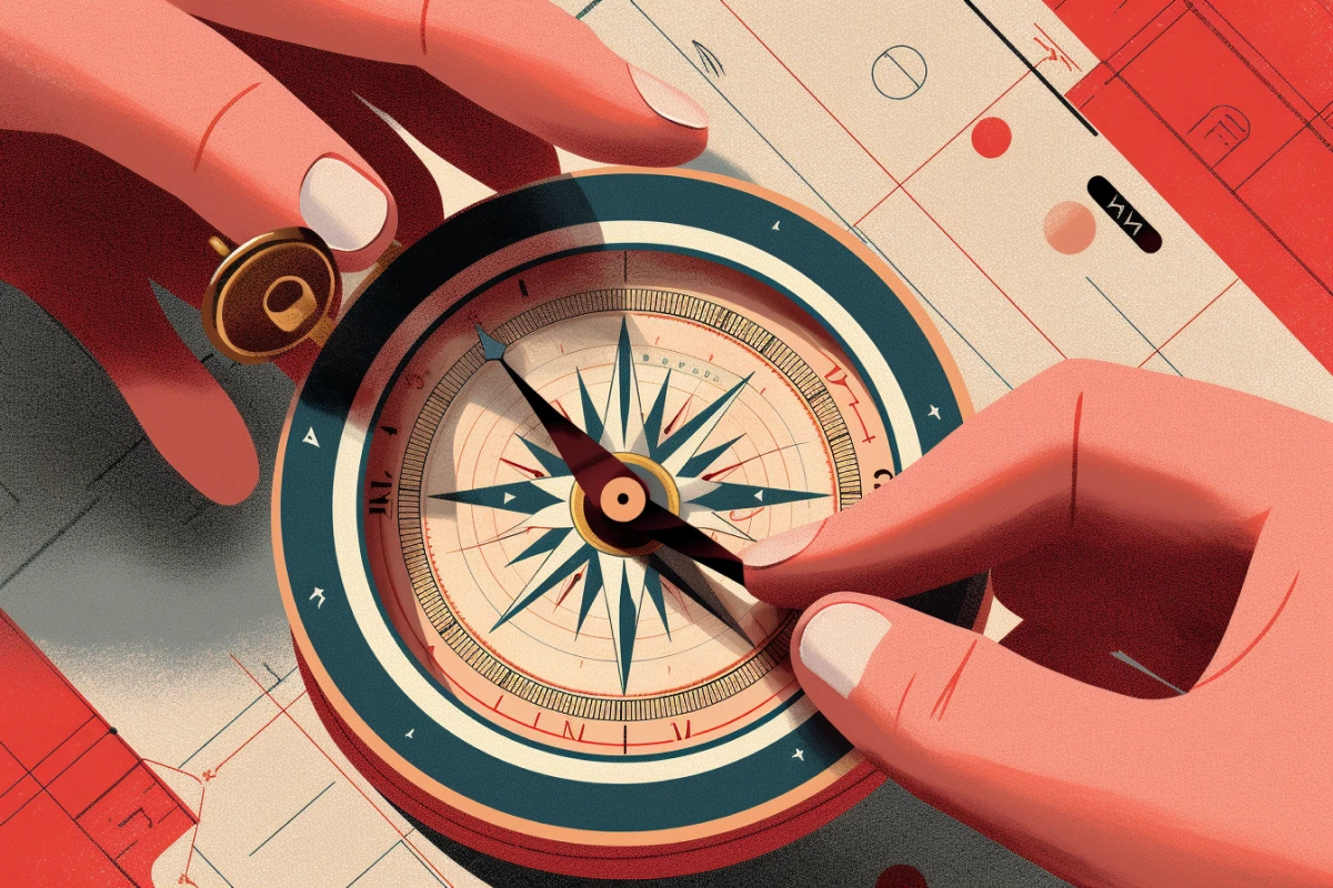 Close-up view of a compass in a sailors hand