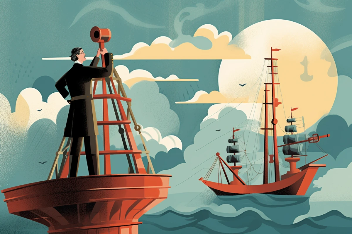 Ein Mann steht auf einem Schiff und schaut mit einem Teleskop