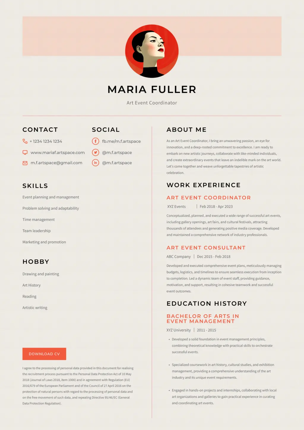 CV template with graphic of woman in black hair 