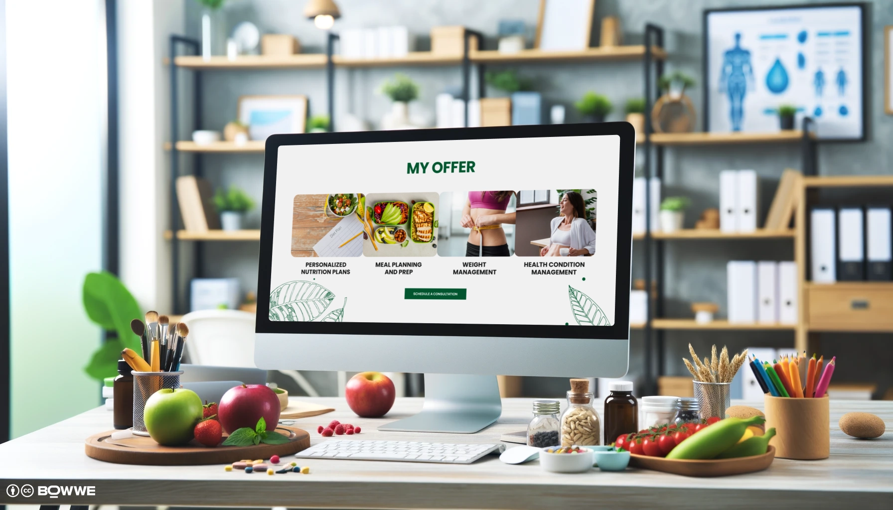 Monitor mit Website-Vorlage für Ernährungsberater mit Abschnitt „Dienstleistungen“