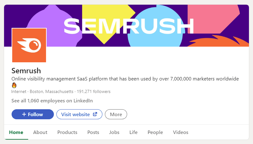 The Semrush profile on LinkedIn