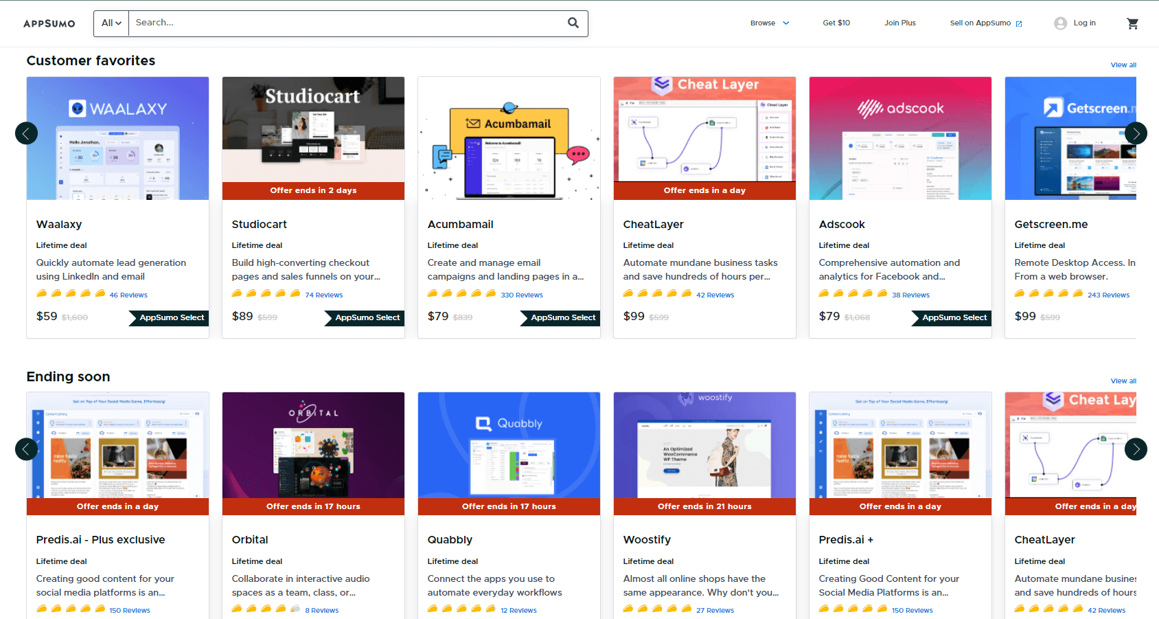 Carousels on the Appsumo homepage 