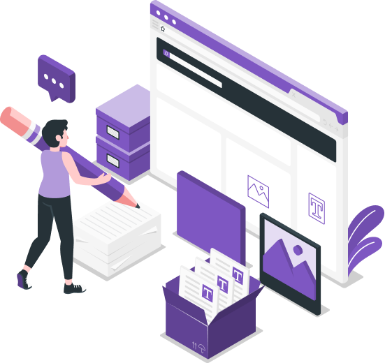 Purple graphics with person pencil and browser