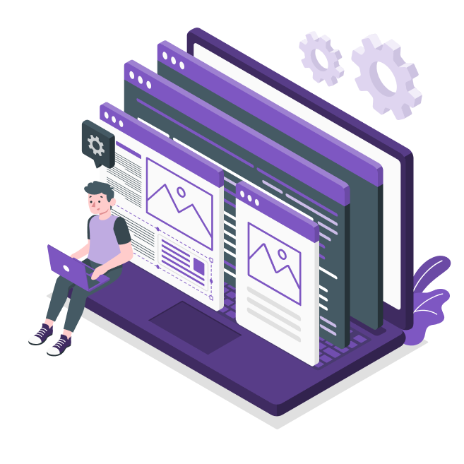 Purple graphics with seated user on laptop
