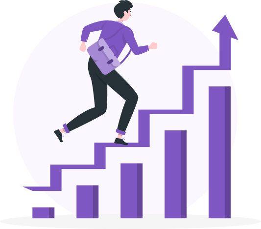 Purple graphics with person on stairs from charts