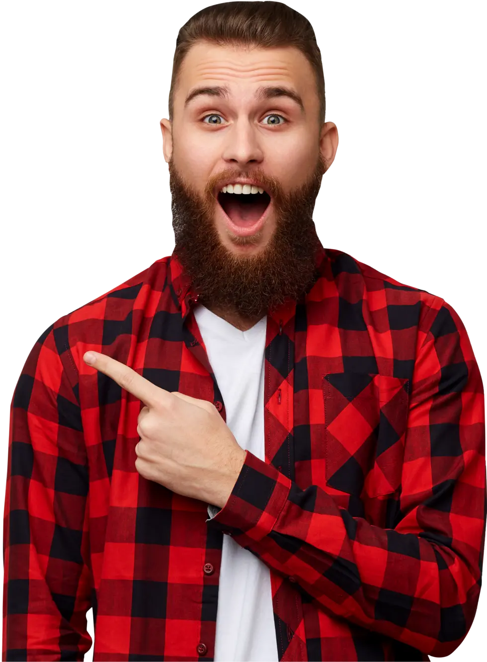 a guy in a red shirt with a beard