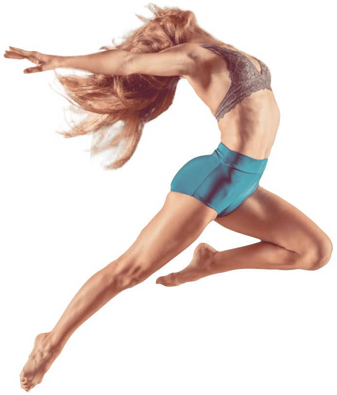 sporty woman with blonde hair performing a dive in the air during fitness class
