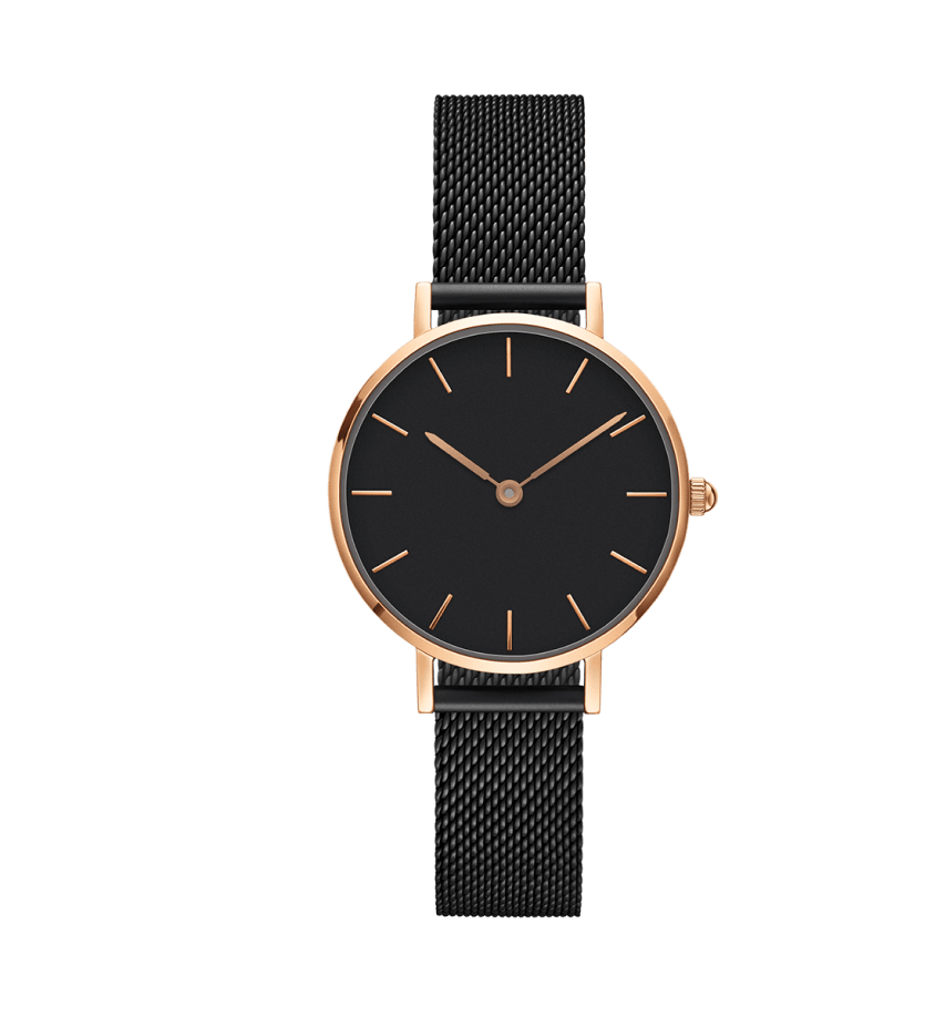 Elegant watch with black wrist belt and copper frame