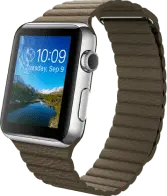 brązowy zegarek z niebieskim jeziorem wyświetlanym na ekranie