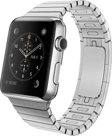 un reloj inteligente de metal plateado con varios relojes
