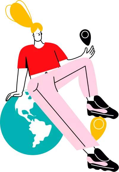 donna seduta sul globo con indicatori di posizione