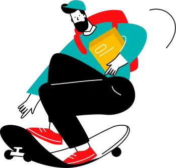Mann auf einem Skateboard, der mit einem Buch und einem Rucksack hereinrutscht