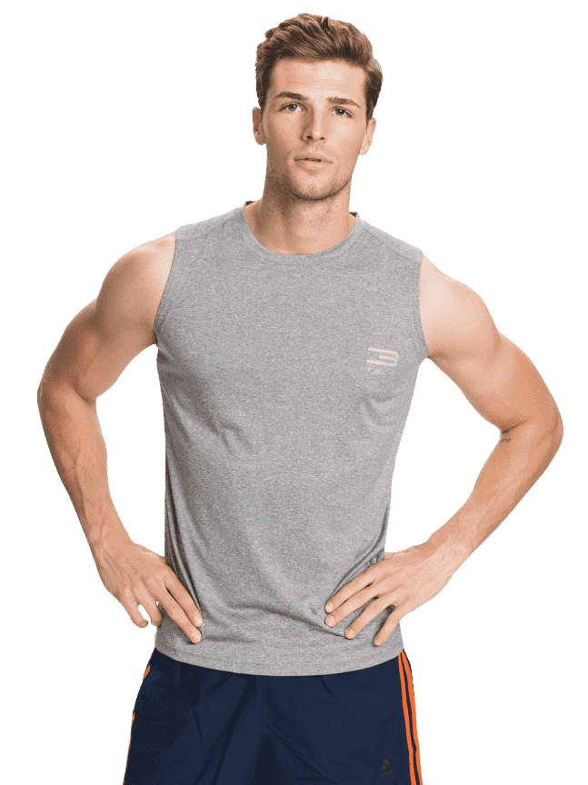 sprty fit personal trainer wearing grey shirt with no sleeves and blue shorts