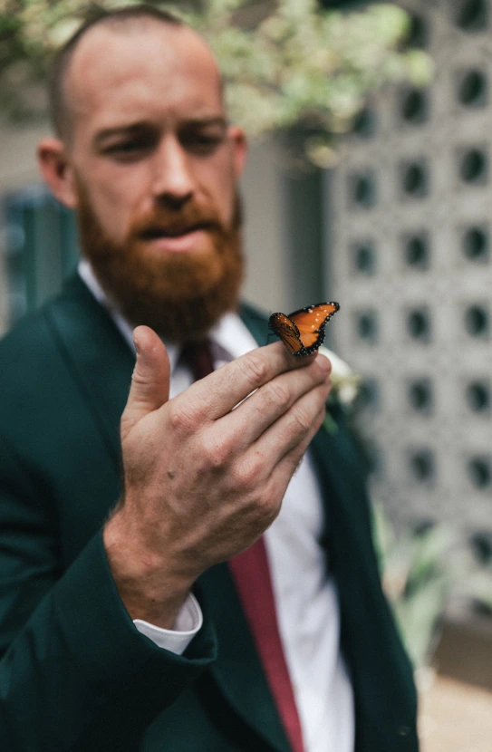 groom with a beard in his suit holding a butterfly on his finger