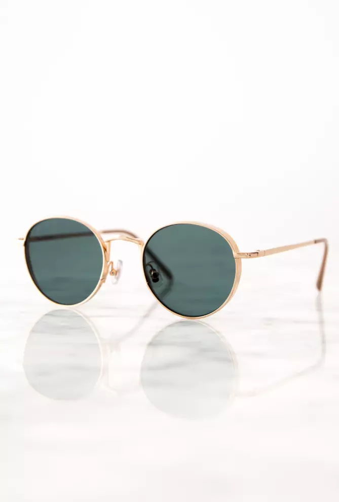 a pair of aviators with golden frames and blue lenses