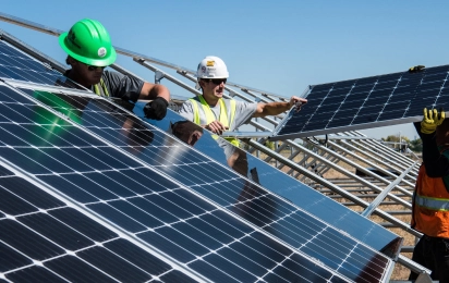 three men install solar panels