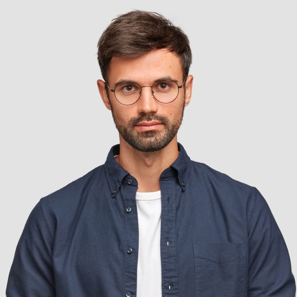 Guy with glasses and denim shirt