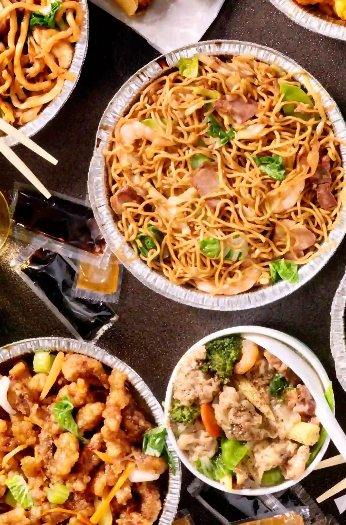 Plates with noodles and sauces