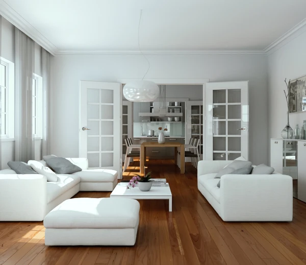 a photo of a living room with white colors