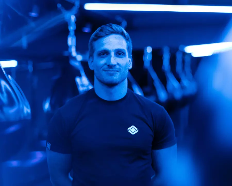Man in t-shirt and in blue lighting