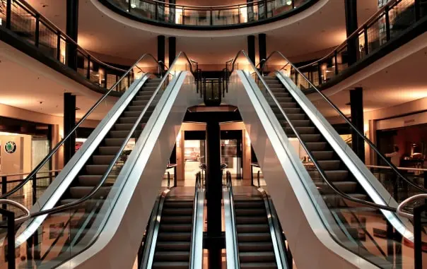 a tall building with escalators