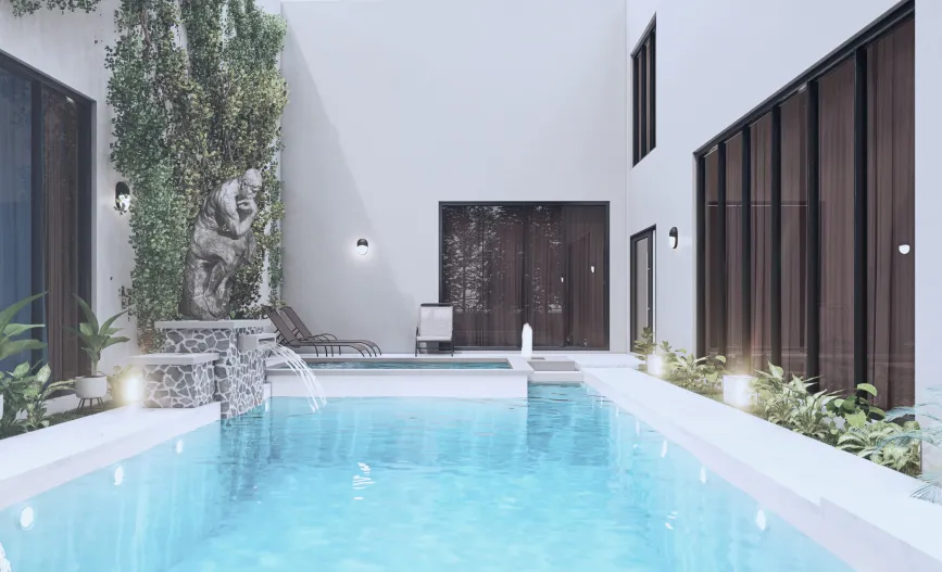 ein Foto von einem Pool in einem modernen Haus