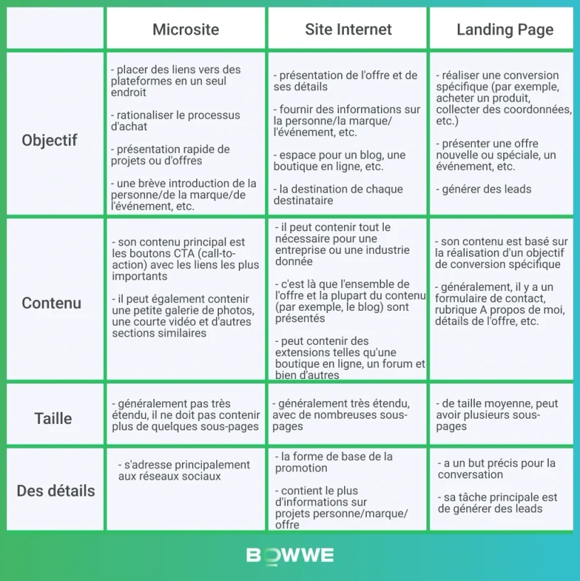 Microsite vs landing page vs site web - infographie