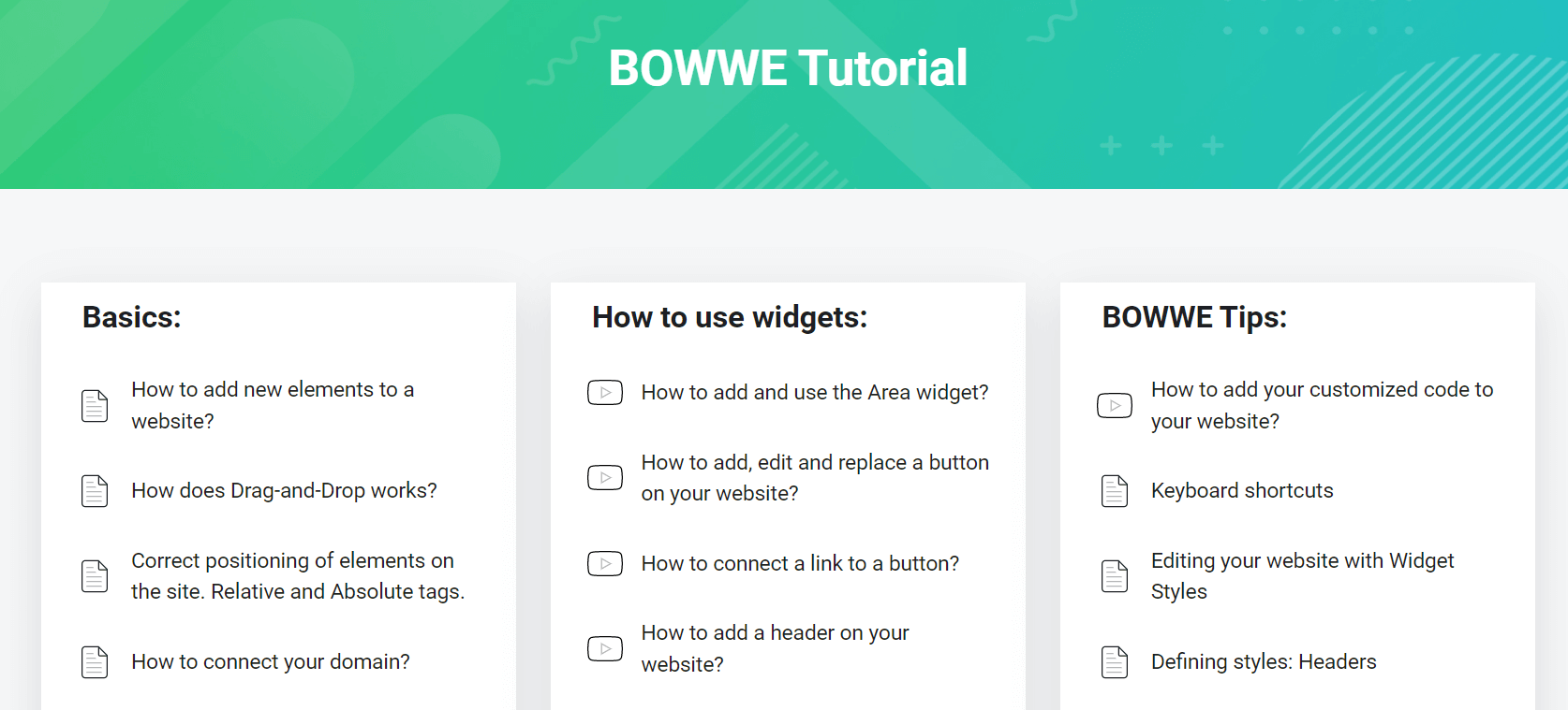 Tutoriales en el sitio web de BOWWE