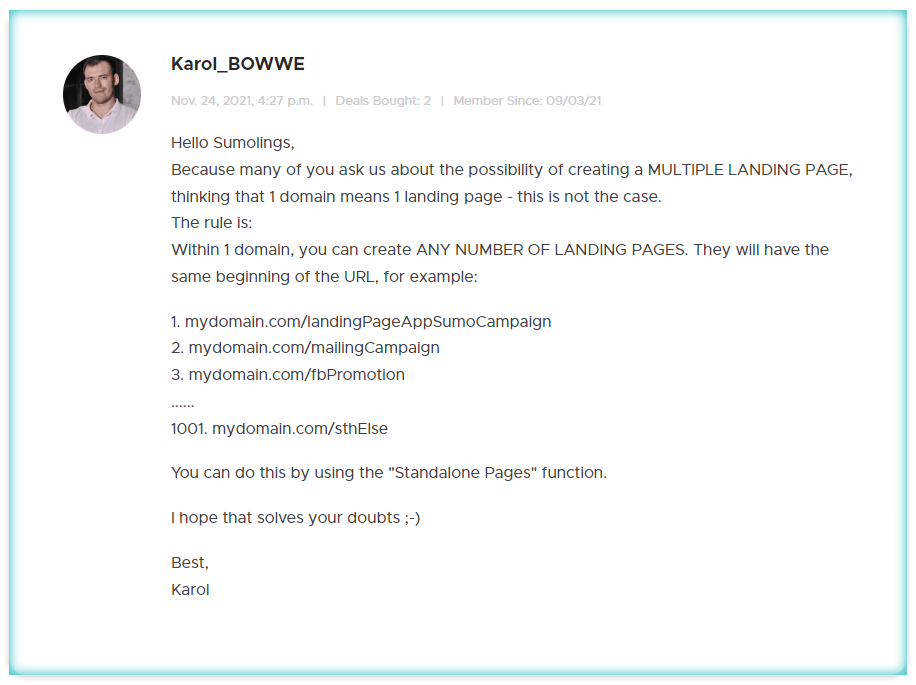 La respuesta de Karol a una pregunta de un cliente de Appsumo3