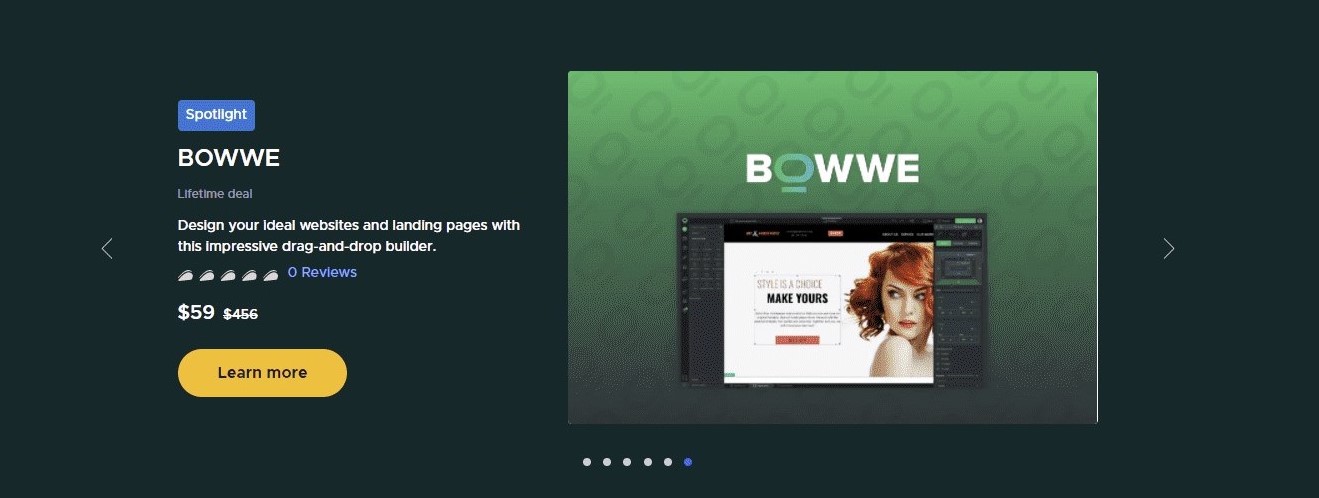 BOWWE en el banner de la página de inicio de Appsumo