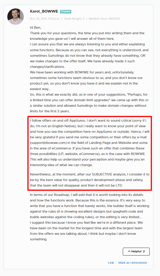 A resposta de Karol a uma pergunta de um cliente da Appsumo