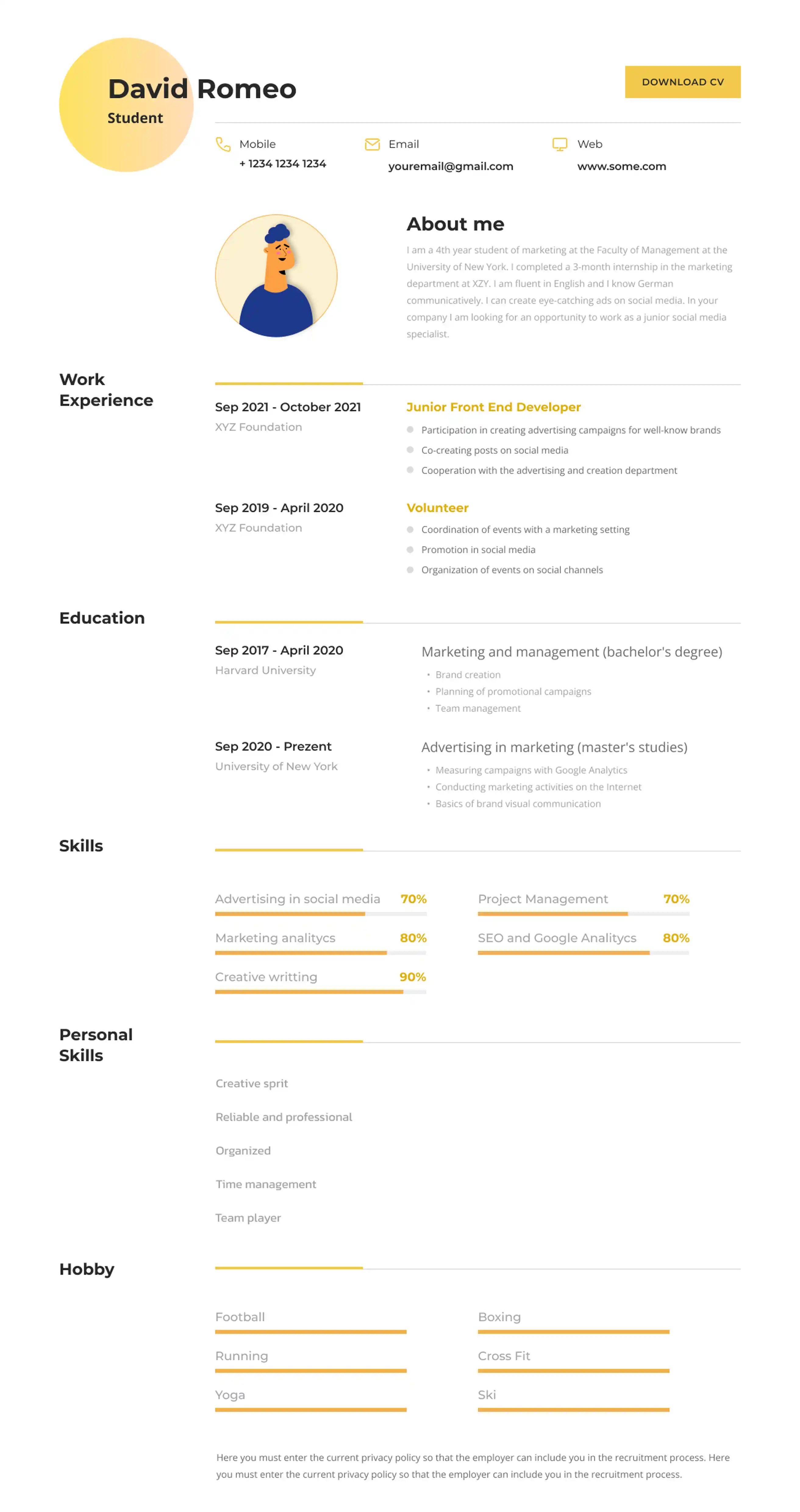 Example INtern CV Template by BOWWE