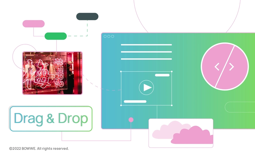 Contorni del browser verde e blu.  Con tre rettangoli: uno con la parola drag & drop, l'altro con un'immagine di diverse luci al neon e l'ultimo con nuvole rosa.