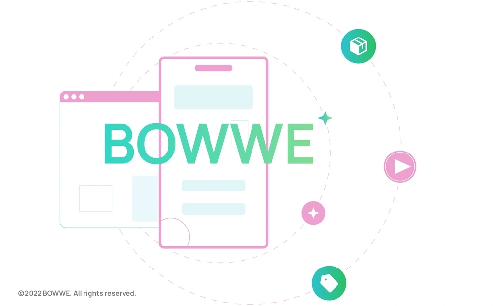Контуры окна браузера под контурами телефона с зеленым словом "BOWWE".   Рядом с ним розовые и зеленые круги со значками.