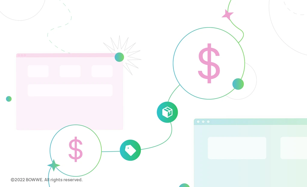 Two browser windows - green and pink, and between them there is a wavy line with circles with pink dollar signs.