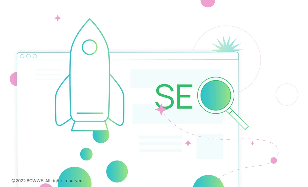 Green outlines of a browser window with a rocket flying out of it next to the word "SEO" where "O" is a magnifying glass.