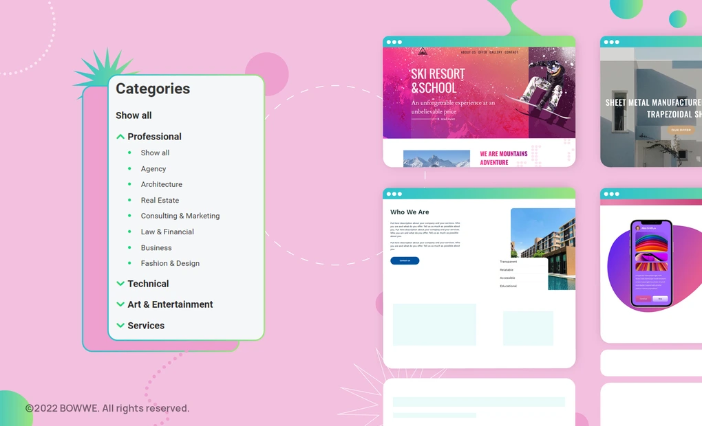 List of templates along with a list of template categories from bowwe.com on a pink background