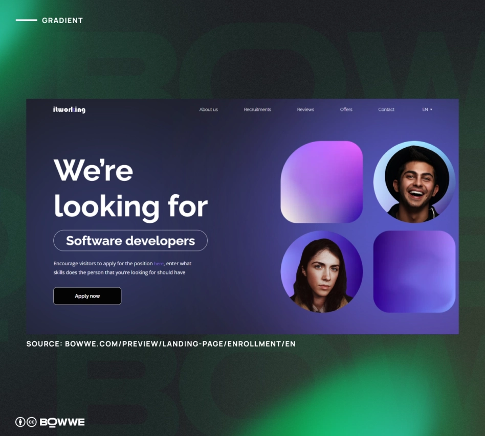 Screenshot showing Landing Page template with gradinent from bowwe.com