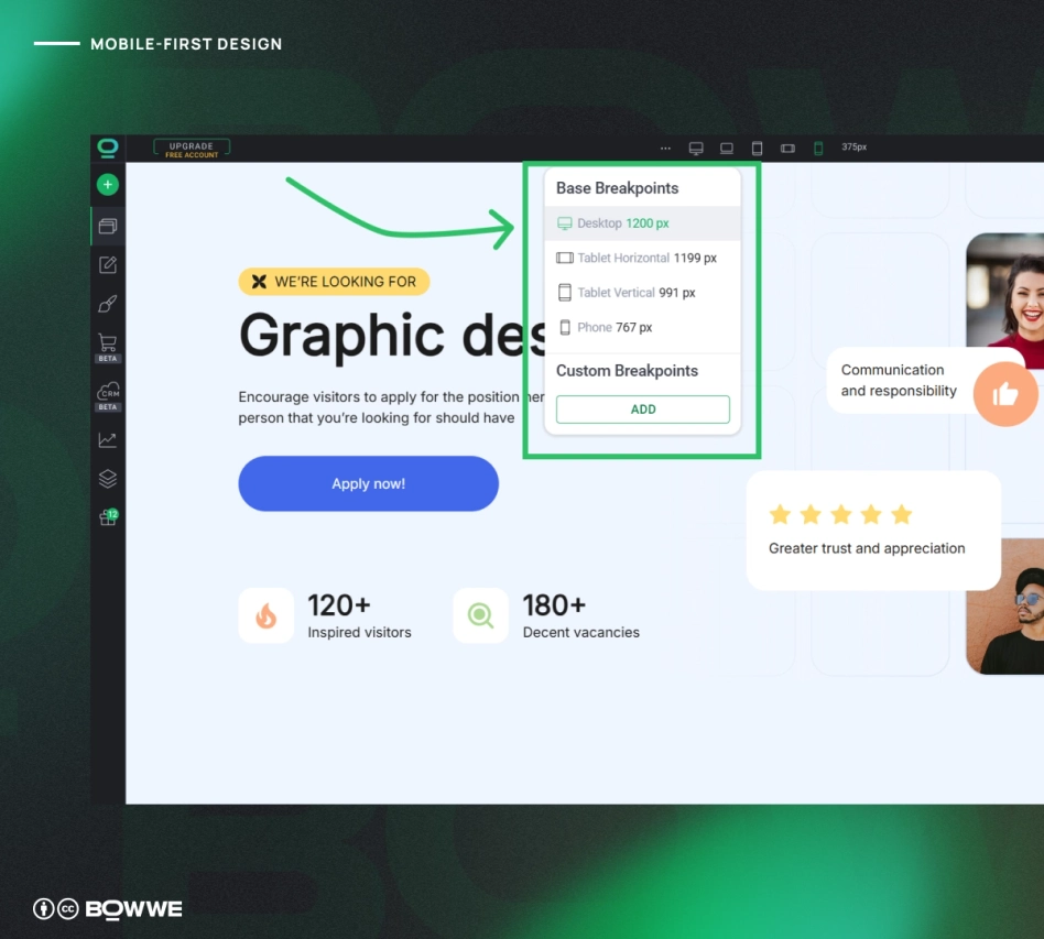 Mobile-first editing of website in BOWWE Website Builder