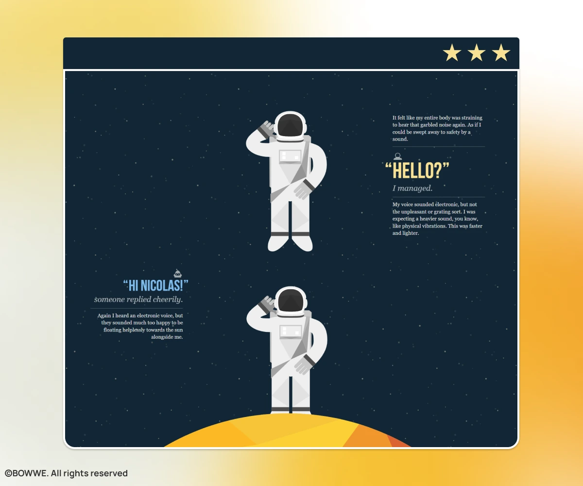 Captura de pantalla del sitio web con un fondo que muestra el universo y el astronauta