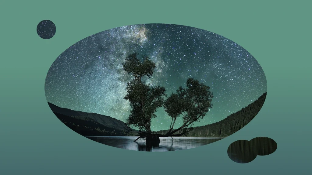  Ovales Foto eines Baumes gegen den Himmel auf grünem Hintergrund