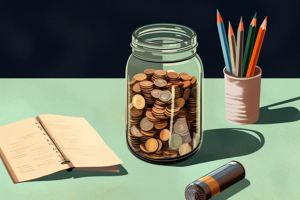 A jar with coins on a table with writting utensils