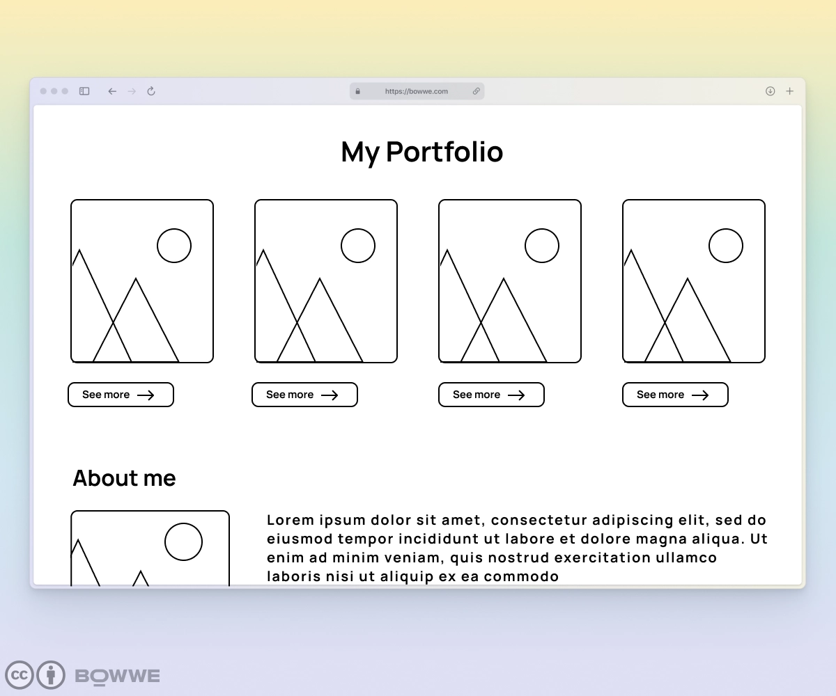 Una finestra del browser in cui è presente un portfolio mockup in bianco e nero. 