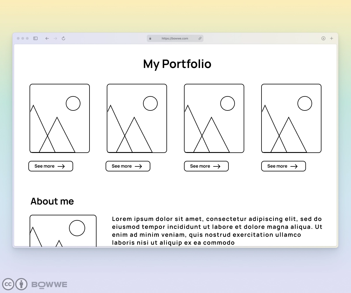 Okno przeglądarki w które jest czarno biały mockup portfolio. 