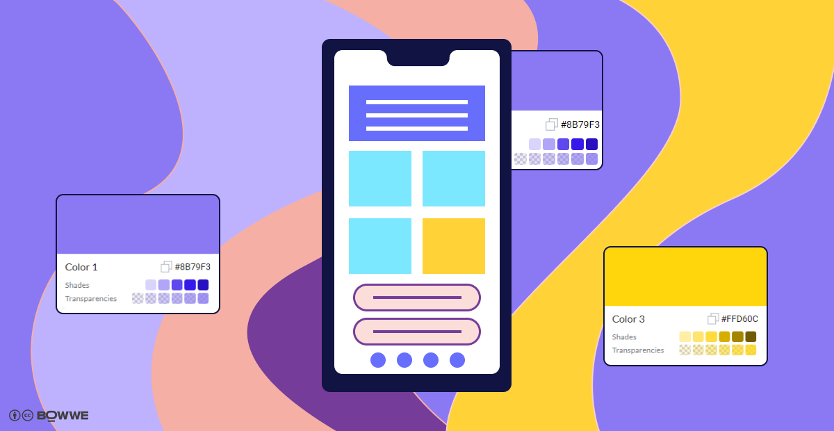 Purple graphics with a cell mockup in the middle with a microsite template overlaid with three squares showing the color palette